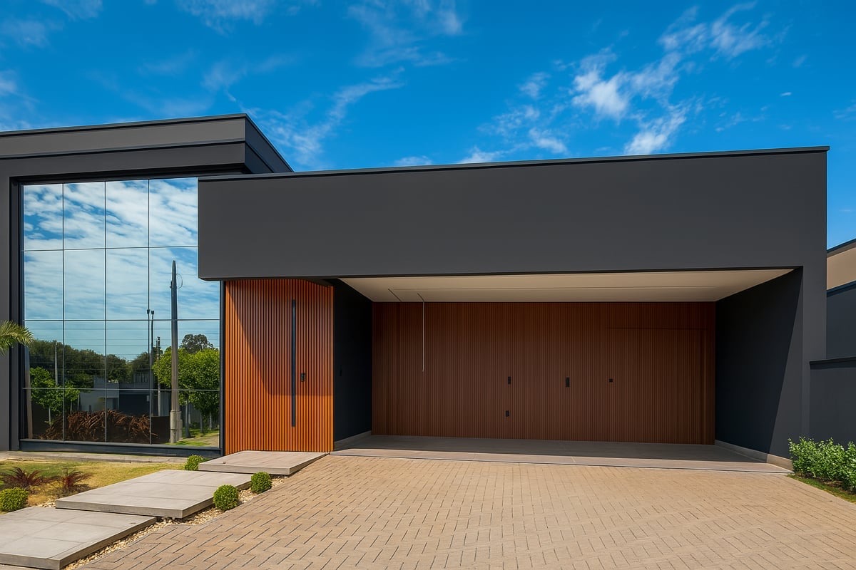 Fachada residencial com portão e painel ripado estilo madeira